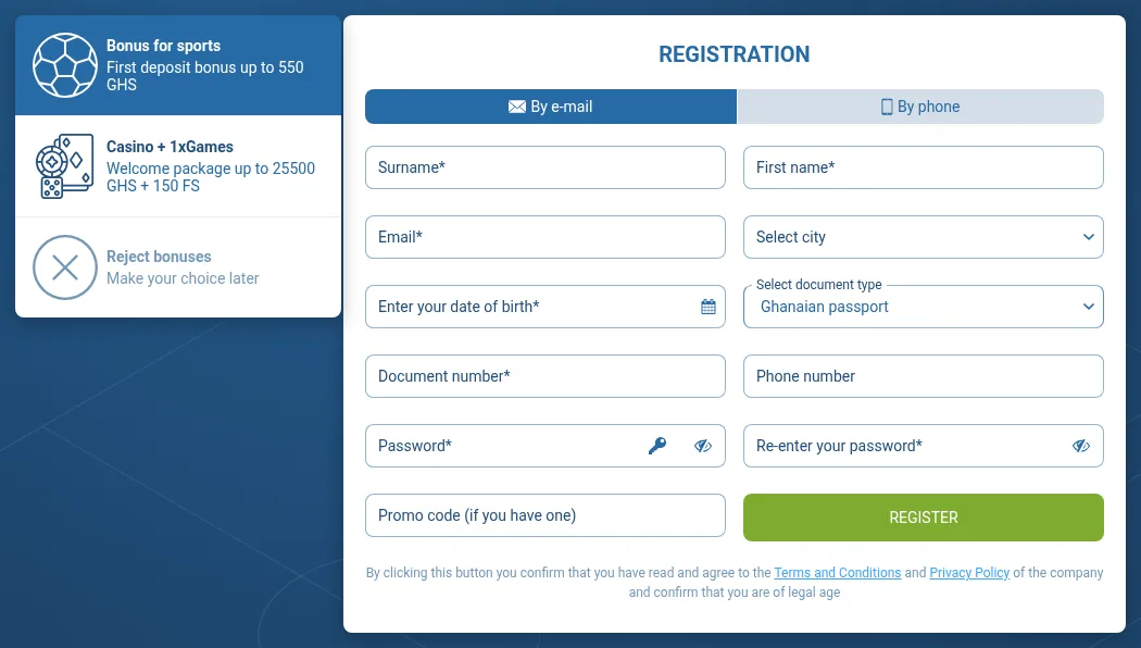 The 1xBet Ghana sign-up form with the bonus choice on the left and Ghanaian passport selected as the document type